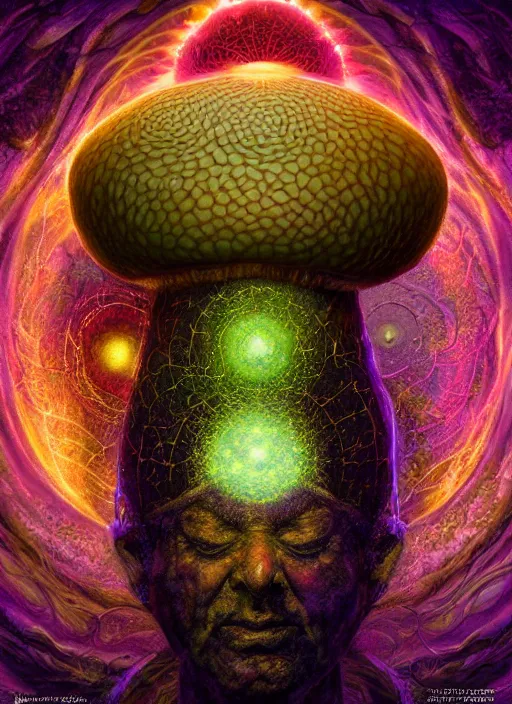 Image similar to enormous mushroom deity of the stars resides inside void manifold, mycelium forms quantum foam, fractal of scary dirac equations, portrait by ross tran, timeline nexus, ascending universes, a dnd illustration of esoteric concept by cgsociety and james gurney, artstation, hdr, rtx, iridescent wise mushroom deity