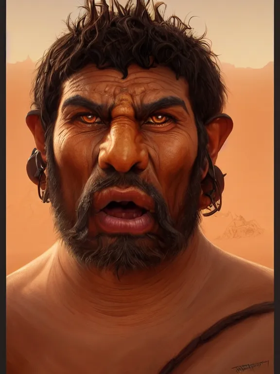 Image similar to portrait of a brown desert troll, looking at camera, d & d, large muscular savage warrior, cloth attire, short aztec hair, large noses, intricate, fantasy, extremely detailed, digital painting, artstation, concept art, smooth, sharp focus, illustration, ambient lighting, art by artgerm and greg rutkowski and alphonse mucha and simon stalenhag