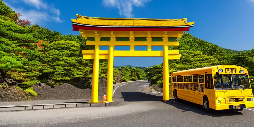 Image similar to Yellow school bus, driving towards a red japanese Torii gate at Mount Fuji location in Japan, ray tracing