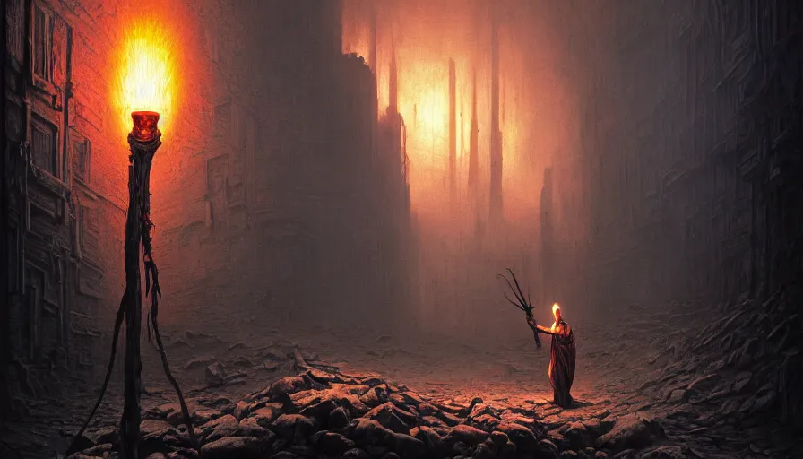 Prompt: grand inquisitor holding a torch, fire village on fon, rotting, fine details, blood, digital art, volumetric lighting, cinematic light, photorealistic, by dan mumford and zdzisław beksinski, by giger, by caravaggio, 4 k,