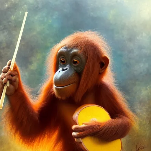 Image similar to An adorable whimsical orangutang conducting an orchestra, highly detailed, digital painting, artstation, concept art, smooth, sharp focus, studio light, by Pixar and Disney and Justin Gerard,