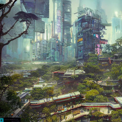 Image similar to Maximalism illustration of cyberpunk ruins Tokyoin sky reclaimed by nature, by Otomo Katsuhiroand Annibale Siconolfi, cgsociety, 8K, unrealengine.