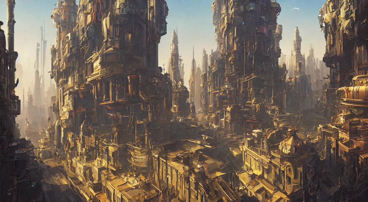 Image similar to a street level painting towards the horizon with high detail, sci - fi colorful victorian city with a victorian astronaut in the foreground at noon with sharp shadows by tyler edlin and sparth, wide angle lens, 4 k, vray, art nouveau influences. roger deakins, cinematic cinematography.