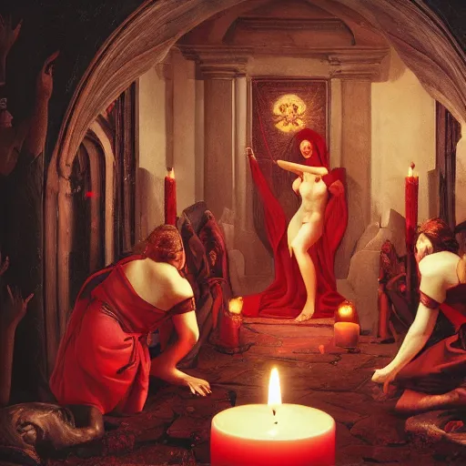 Image similar to the goddess of blood emerging, cultists watching, red hoods, candle lights, renaissance, baroque, gothic, high detail, 8 k