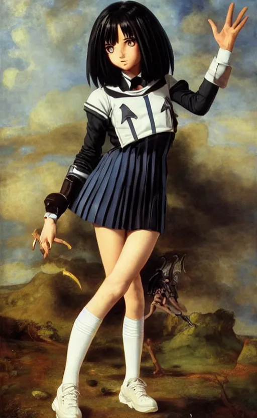 Prompt: alien, school uniform, seifuku, pleated miniskirt, overknee socks, battle angel alita. by rembrandt 1 6 6 7, ridley scott, illustration, by konstantin razumov, by william - adolphe bouguerea