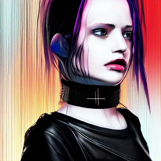 Image similar to digital artwork of woman wearing technological large steel collar, choker on neck, cyberpunk art style, 4K, portrait, punk hairstyle,