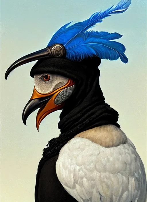 Prompt: rpg! profile! portrait of humanoid bird on white background, beak, blue feathers, plague doctor, intricate, highly detailed, digital painting, artstation, concept art, smooth, sharp focus, illustration, art by norman rockwell emiliano ponzi andrey remnev yoann lossel aaron jasinski, 8 k