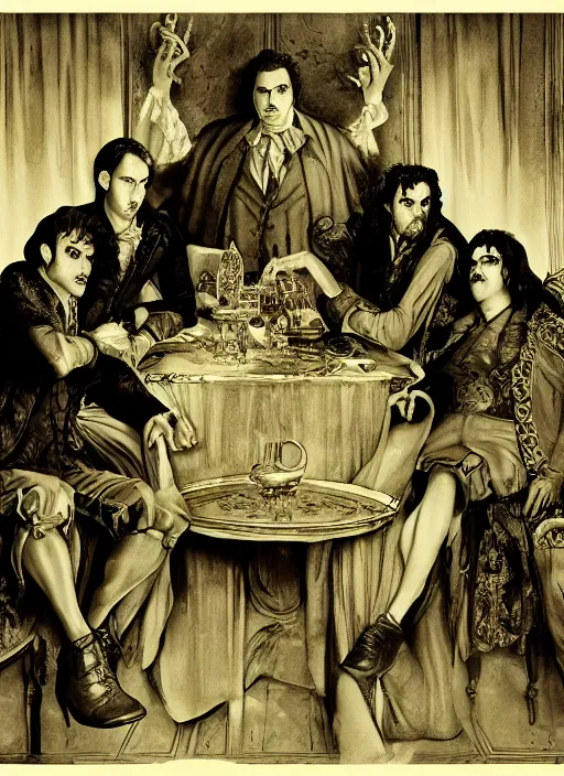 Prompt: old movie poster from 8 0 - s with three vampires from < < what we do in the shadows > > sitting around a table, baroque style art by gustave dore, gray lights in the background, dramatic light, 4 k