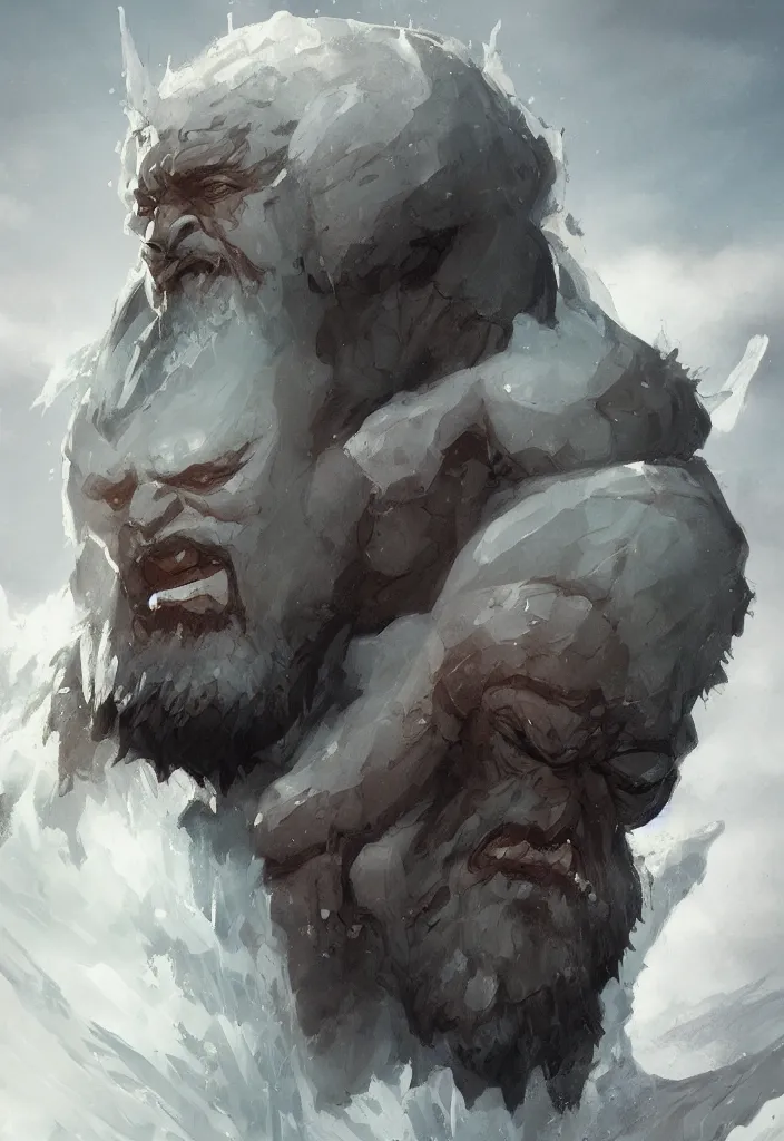 Prompt: portrait of ice giant made of ice, bearded face, concept art in style of Greg Rutkowski, John Singer Sargant, painted by Frazetta, trending on artstation