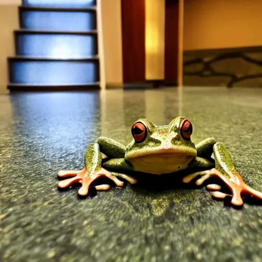 Image similar to a small frog standing on two feet at the hotel reception entry, storybook style