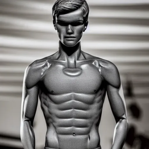 Image similar to a realistic detailed photo of a guy who is an attractive humanoid who is half robot and half humanoid, who is a male android, soccer player martin ødegaard, shiny skin, posing like a statue, blank stare, in a living room, on display, showing off his muscles