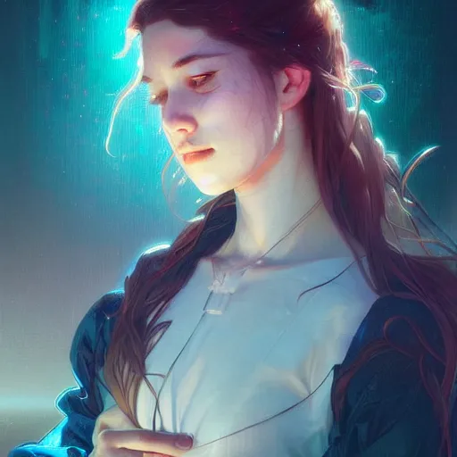 Image similar to beautiful, young woman, sad eyes, tears running down, vaporwave aesthetic, synthwave, digital painting, artstation, concept art, smooth, sharp focus, illustration, art by artgerm and greg rutkowski and alphonse mucha