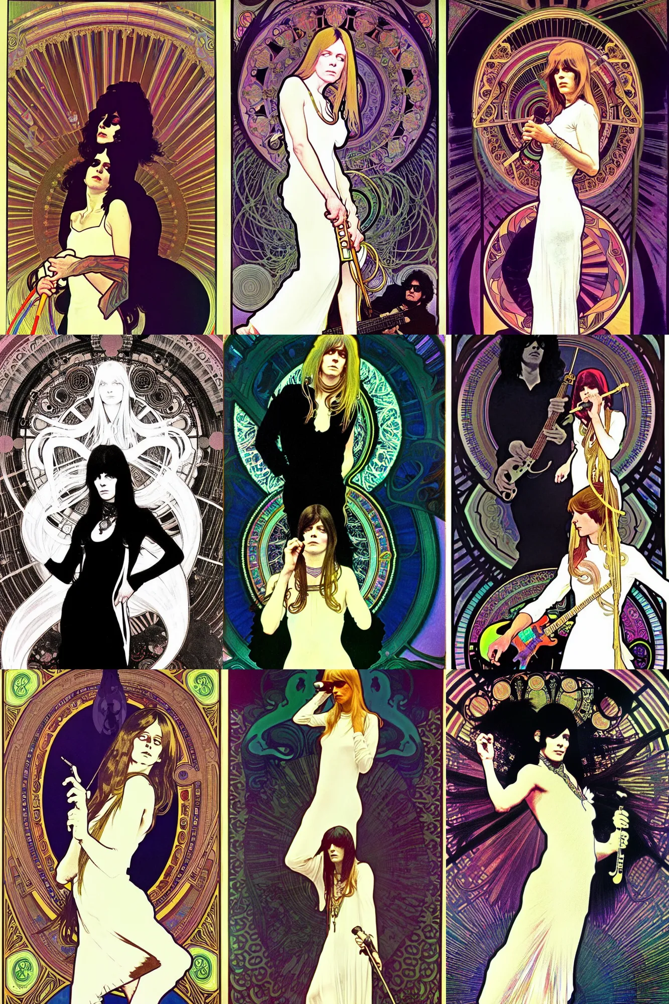Prompt: the velvet underground playing live on stage in san francisco at a night club in 1 9 6 9, nico wearing a white dress, beautiful stage decoration in the background, art by alphonse mucha, very detailed and colorful, moody, relaxed, stoned, trending on artstation