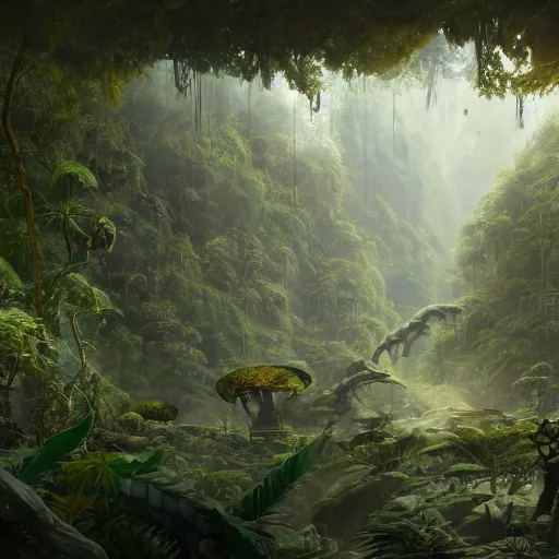 Image similar to cinematic shot of a sci-fi jungle made of trees and animals digital painting, artstation, concept art, soft light, hdri, smooth, sharp focus, illustration, fantasy, intricate, elegant, highly detailed, D&D, matte painting, in the style of Greg Rutkowski and Alphonse Mucha and artemisia, 8k, highly detailed, jurgens, rutkowski, bouguereau, pastoral, rustic, georgic