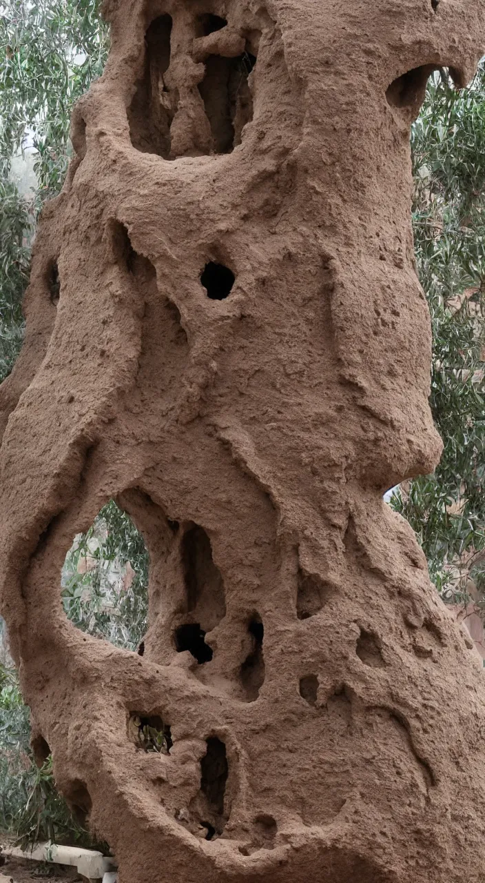 Image similar to a eucalyptus tree entering a clay machine, biomorphic, alchemical still made from clay, octane ,