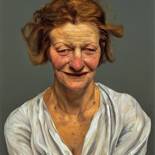 Image similar to high quality high detail painting by lucian freud, hd, portrait of smiling sad woman, photorealistic lighting