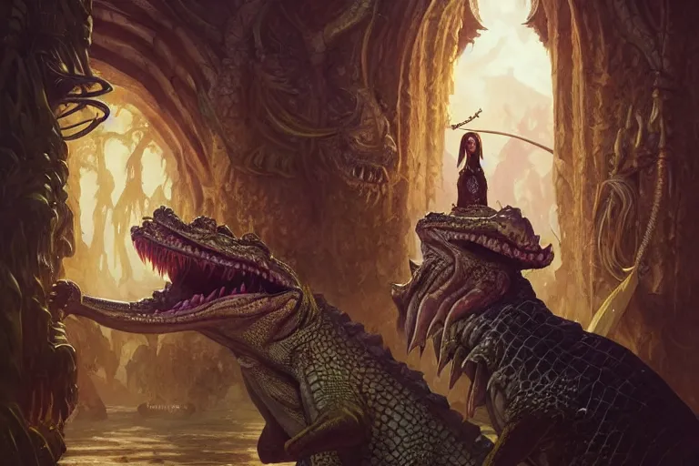 Image similar to crocodile lair priestess ceremony, deep focus, d & d, fantasy, intricate, elegant, highly detailed, digital painting, artstation, concept art, matte, sharp focus, illustration, hearthstone, art by artgerm and greg rutkowski and alphonse mucha
