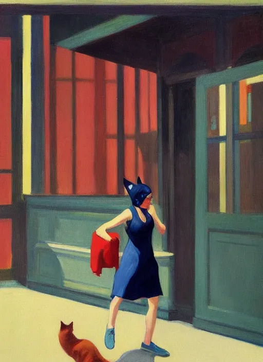 Image similar to woman with cat ears and long vail over the face jumping by Edward Hopper and James Gilleard, highly detailed