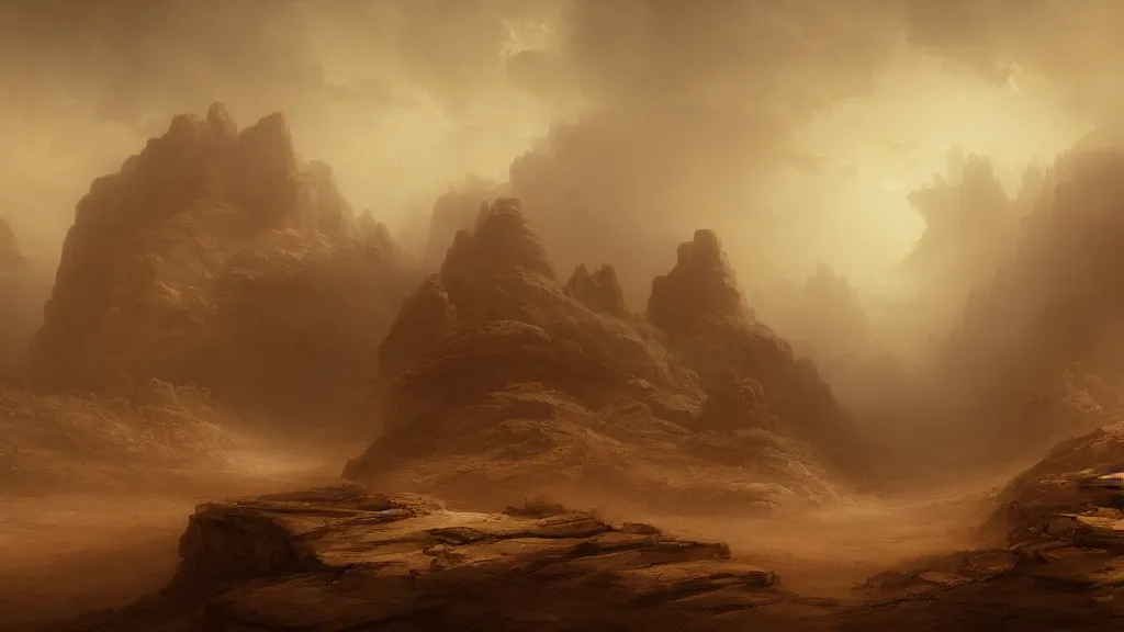 Image similar to canyons of mars during a sandstorm. andreas achenbach, artgerm, mikko lagerstedt, zack snyder 3 8 4 0 x 2 1 6 0