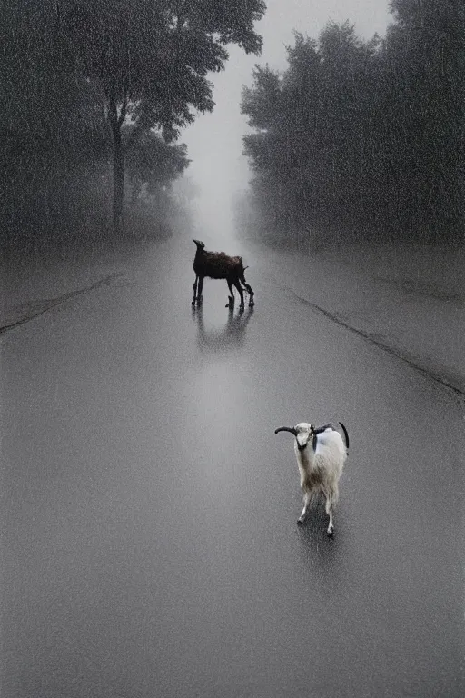 Image similar to the most evil looking goat ever seen and a clown in the street, rainy day, foggy, by gregory crewdson