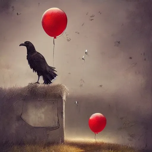 Image similar to grunge cartoon landscape painting of a raven and a red balloon by - michal karcz, loony toons style, pennywise style, horror theme, detailed, elegant, intricate