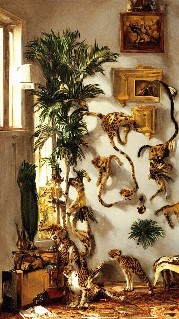 Prompt: in vintage room, frames of animals hanging out of wall, pot of palms in corner of room, cheetah set in floor on carpet painting by john singer sargent