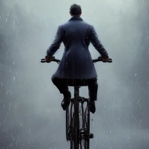 Prompt: cinematic shot epic portrait an man in a fancy suit riding a bike, rain, cloudy, broad light, ambient occlusion, volumetric light effect, made by ivan aivazovsky, peter mohrbacher, greg rutkowski, matte painting, trending on artstation, 4 k, perfectly defined features, digital painting, cinematic, epic, highly detailed,