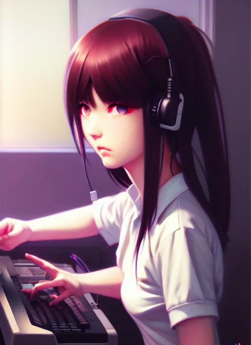 Image similar to a film still polaroid portrait of a young gamersgirl at her computer, detailed features, perfect art, busy room, hd, gapmoe yandere, trending on pixiv, focussed painted art, by wlop, ilya kuvshinov, artgerm, krenz cushart, pixiv