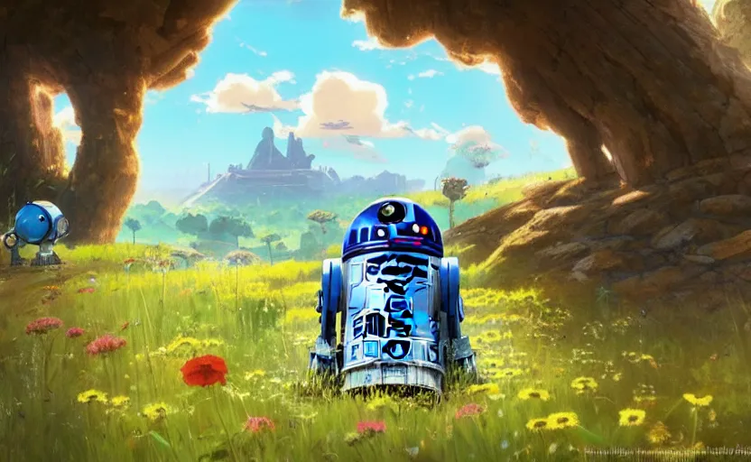 Prompt: R2D2 and Wall-e are traveling together. Fantastic anime sunny meadow with flowers, lone old Oak in the middle plane and mountains on the background, by Hayao Miyazaki, Nausicaa, Ghibli, Breath of the wild, Anime wallpaper