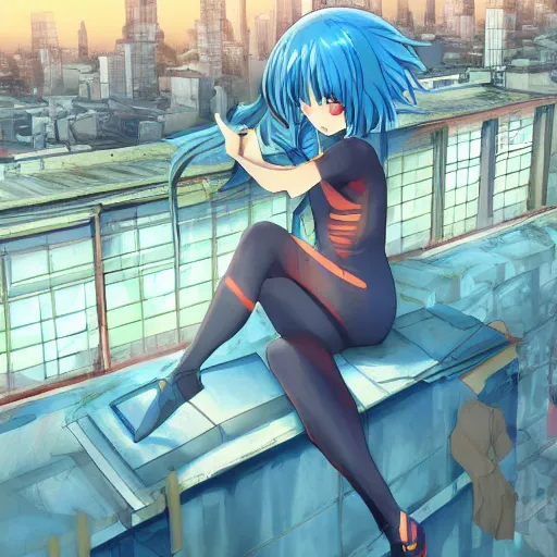 Image similar to anime art, anime fullbody shot of female rei ayanami, long blue hair and large eyes, finely detailed perfect face, in a modern skintight plugsuit, laying on a rooftop, flooded metropolis in ruins, red sea, trending on pixiv fanbox, evangelion, extremely high quality artwork by ilya kuvshinov