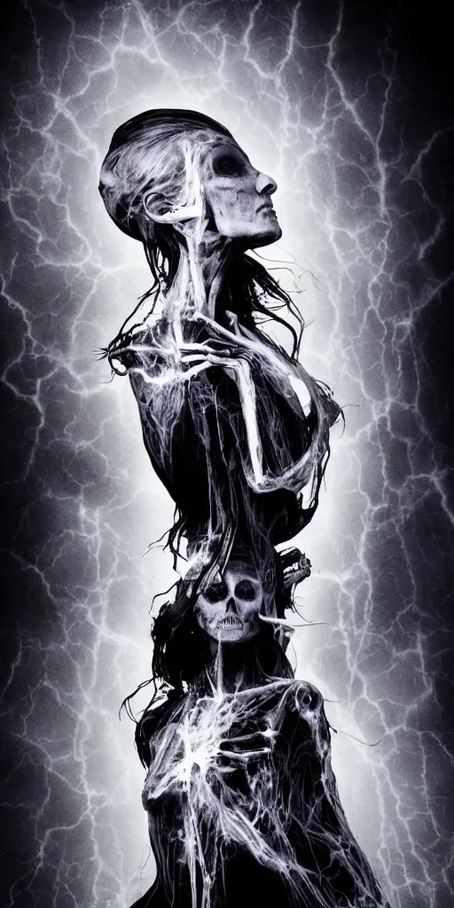 Image similar to priestess, luminous veins, style of ravens stormy sky of foreboding, dora maar and cecile beaton, occult, cinematic, robotic bust, skeletal omens, volumetric light, rim light, gothic, 8 k