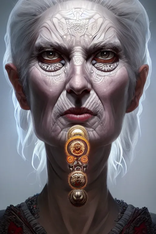 Image similar to symmetry!! portrait of an elderly grey haired woman in the style of god of war, machine parts embedded into face, intricate, elegant, highly detailed, digital painting, artstation, concept art, smooth, sharp focus, illustration, art by artgerm and greg rutkowski and alphonse mucha, 8 k