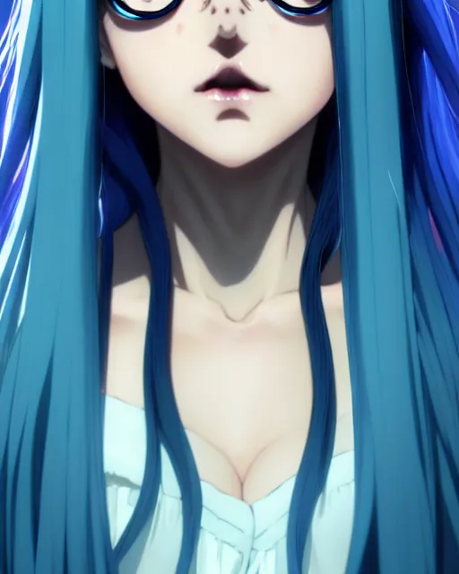 Prompt: attractive long blue - haired girl with bangs gothic magical girl anime character with glasses screenshot anime, shame focus, intricate, illustration, cell shaded, digital painting, highly detailed, concept art, matte, art by ilya kuvshinov and kyoto animation and wlop, anime character by ran jia and greg rutkowski, studio quality, masterpiece