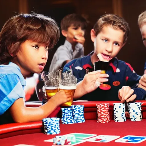 Prompt: children drinking beer at a poker table