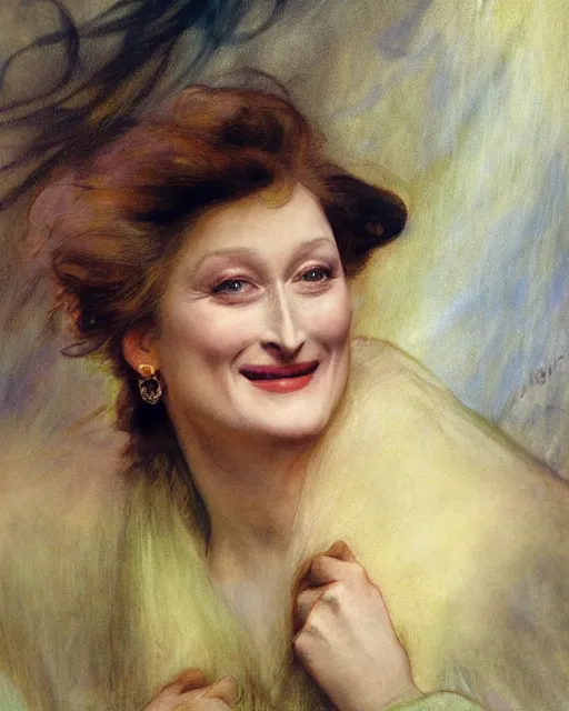 Prompt: meryl streep smiling, colored chalk portrait painting by john singer sargent, thomas moran, edmund dulac, fans hals, alphonse mucha, fashion photography, fully clothed