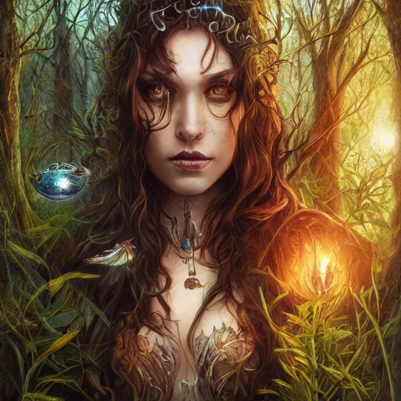 Prompt: a higly detailed full body shot portrait painting of a sorceress with piercing beautiful eyes, standing in a forest meadow, morning, dynamic lighting, ambient lighting, deviantart, art by artgerm and karol bak and mark brooks