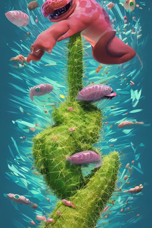 Image similar to 3 d render creature animal sushi cristal very big eye roots cactus elemental flush of force nature micro world fluo fishscale, comics gta 5 cover, official fanart behance hd artstation by jesper ejsing, by rhads, makoto shinkai and lois van baarle, ilya kuvshinov, ossdraws