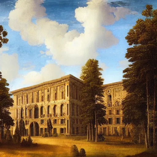 Prompt: a renaissance palace, beautiful tall trees, clouds in the sky, hyperrealistic