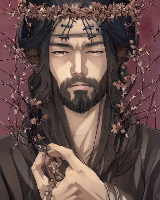 Image similar to an anime portrait of jesus as a beautiful man wearing a kimono and a crown of thorns from skyrim, by stanley artgerm lau, wlop, rossdraws, james jean, andrei riabovitchev, marc simonetti, and sakimichan, trending on artstation