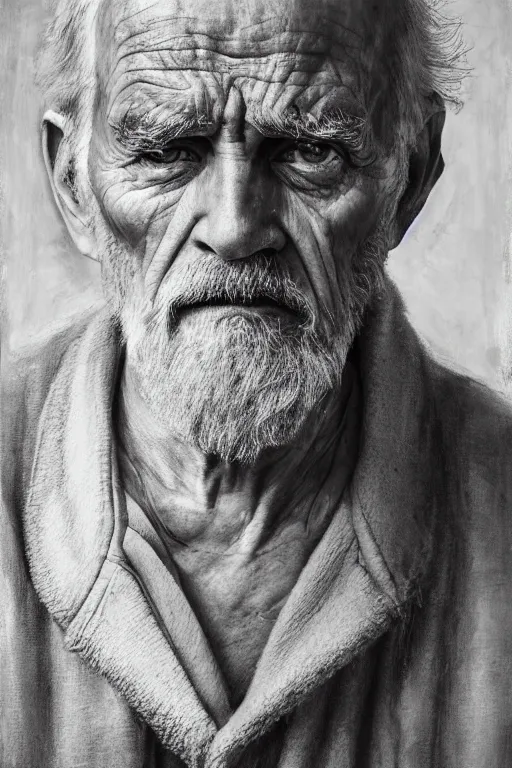 Image similar to a portrait of an old man with a solemn look and deep expression in his eyes, oil on canvas, highly detailed, strong lighting, cinematic, HD, 4K