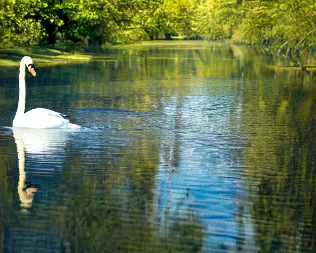 Image similar to a 4 k photorealistic photo of a swan swimming in a river, ripples, reflections. shady, trees bent over river.