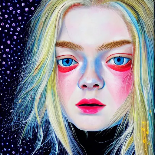 Image similar to professional painting of Elle Fanning in the style of Hikari Shimoda, head and shoulders portrait, symmetrical facial features, smooth, sharp focus, illustration, intricate, stormy weather, extremely detailed masterpiece,