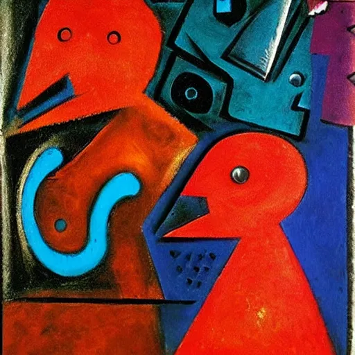 Prompt: Oil painting by Rufino Tamayo. Mechanical gods with bird faces kissing. Oil painting by Willem de Kooning.