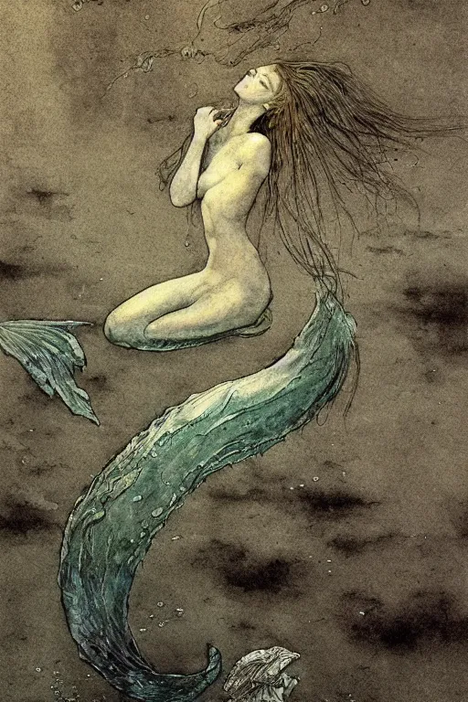 Image similar to mermaid underwater in an old apartment, Francisco Goya and Beksiński, intricate, elegant, highly detailed, digital painting, artstation, concept art, smooth, sharp focus, illustration, art by Takato Yamamoto and greg rutkowski and Francis Bacon