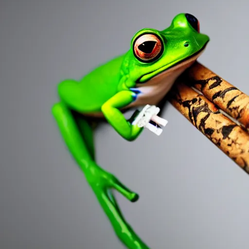 Image similar to a high detail closeup shot of a frog wearing a suit 👔,and smoking a cigarrette🚬