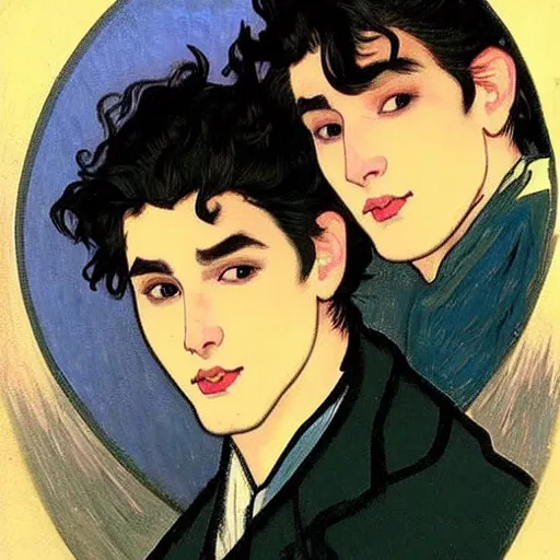 Image similar to painting of young cute handsome beautiful dark medium wavy hair man in his 2 0 s named shadow taehyung and cute handsome beautiful min - jun together at the halloween! party, bubbling cauldron!, candles!, smoke, autumn! colors, elegant, wearing suits!, clothes!, delicate facial features, art by alphonse mucha, vincent van gogh, egon schiele