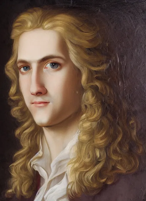 Image similar to portrait of a smiling blond handsome man with long hair and green eyes in baroque art, anime inspired, High Res 8K,hyperdetailed