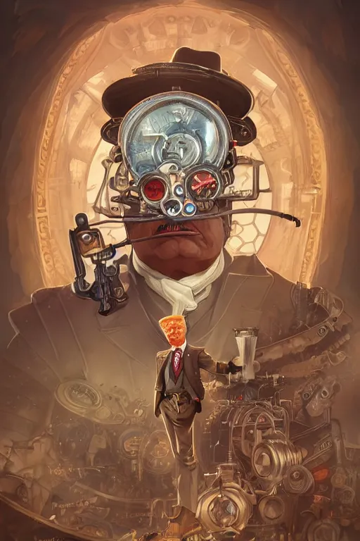 Image similar to anthropomorphic trump as steampunk half - cyborg, western, high fantasy, dnd, smooth, sharp focus, illustration, highly detailed, digital painting, artstation, concept art, by disney animation, rossdraws, alphonse mucha, frank fanzzeta, collectible card art