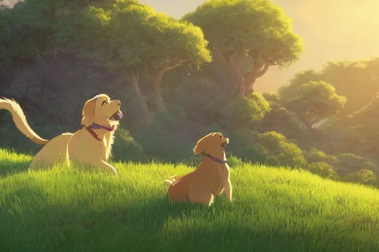 Image similar to a wholesome animation key shot of a golden retriever and a cat playing on a hill, medium shot, studio ghibli, pixar and disney animation, sharp, rendered in unreal engine 5, anime key art by greg rutkowski, bloom, dramatic lighting