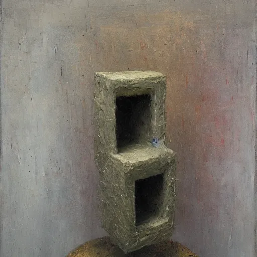 Prompt: an impasto melancholic painting by shaun tan of an abstract forgotten sculpture by the caretaker and ivan seal